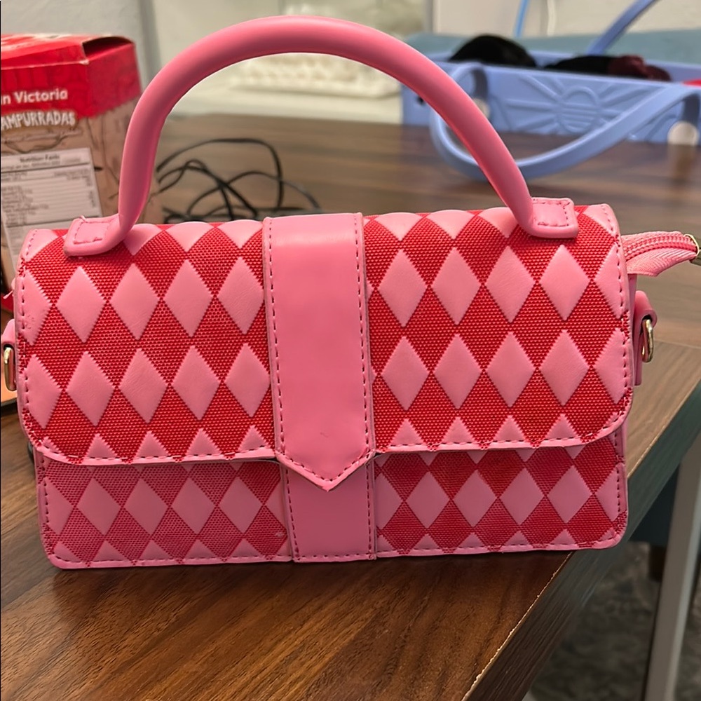 Pink and Red Checkered Women's Handbag